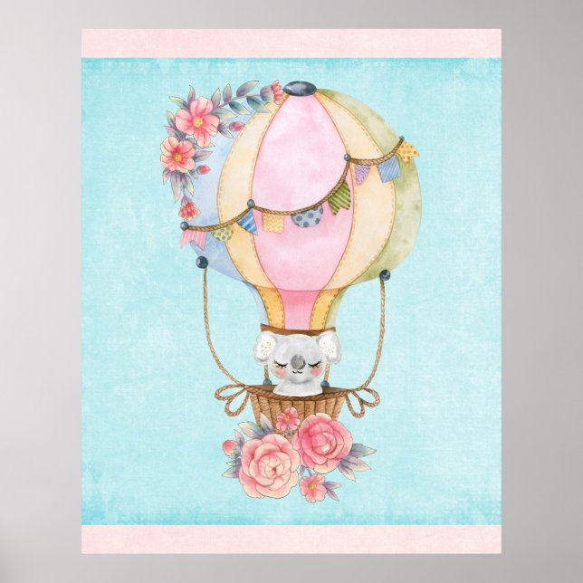 Cute Hot Air Balloon with Bear Watercolor  Poster (Front)