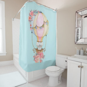 Cute Hot Air Balloon with Bear Watercolor Shower Curtain