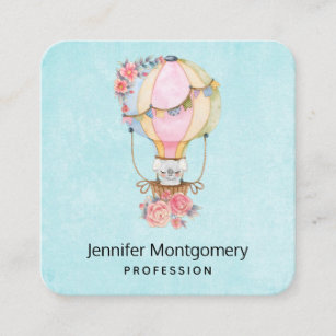 Cute Hot Air Balloon with Bear Watercolor Square Business Card
