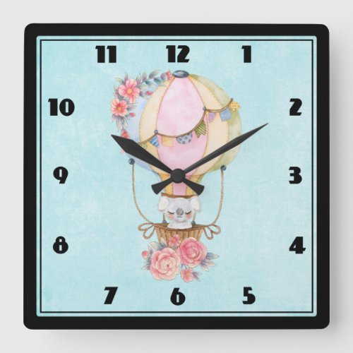 Cute Hot Air Balloon with Bear Watercolor Square Wall Clock