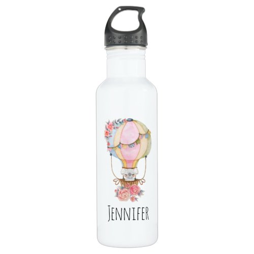 Cute Hot Air Balloon with Bear Watercolor Stainless Steel Water Bottle