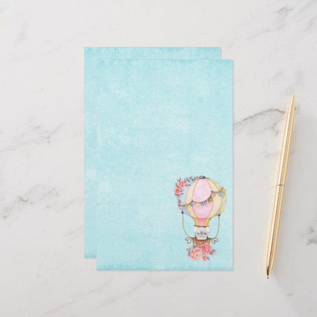 Cute Hot Air Balloon with Bear Watercolor Stationery (Front/Back In Situ)