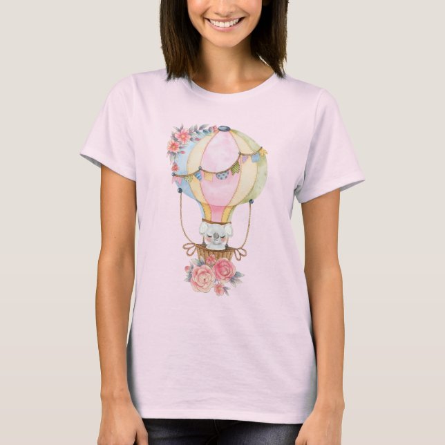 Cute Hot Air Balloon with Bear Watercolor T-Shirt (Front)
