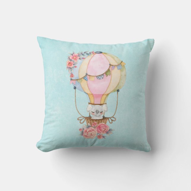 Cute Hot Air Balloon with Bear Watercolor  Throw Pillow (Front)