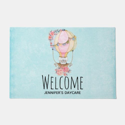 Cute Hot Air Balloon with Bear Watercolor Welcome Doormat