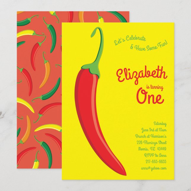 Cute Hot Chili Pepper Kids 1st Birthday Party Invitation (Front/Back)