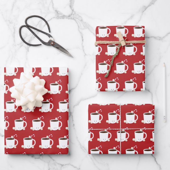 Cute Hot Chocolate Red Christmas Wrapping Paper Sheets (Front)