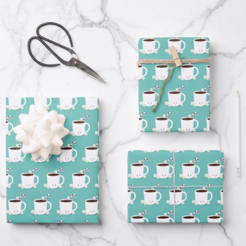 Cute Hot Chocolate Teal Christmas Wrapping Paper Sheets