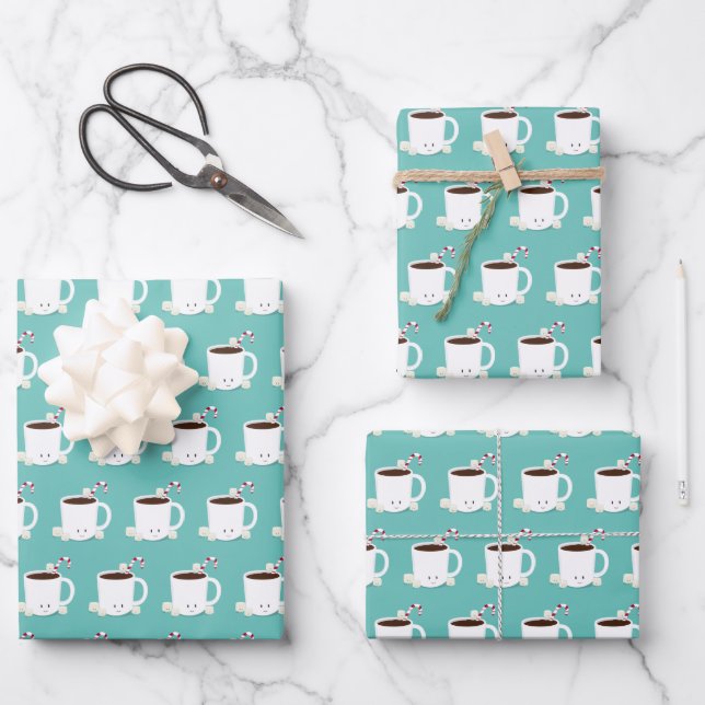 Cute Hot Chocolate Teal Christmas Wrapping Paper Sheets (Front)
