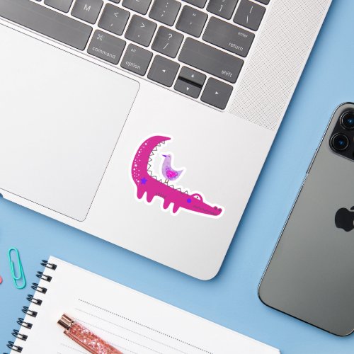 Cute Hot Pink Alligator and Seagull Laptop Sticker