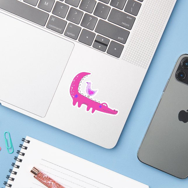 Cute Hot Pink Alligator and Seagull Laptop Sticker (Laptop w/ iPhone)