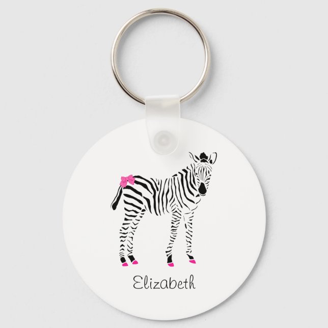 Cute Hot Pink and Black Girly Zebra With Name Keychain (Front)