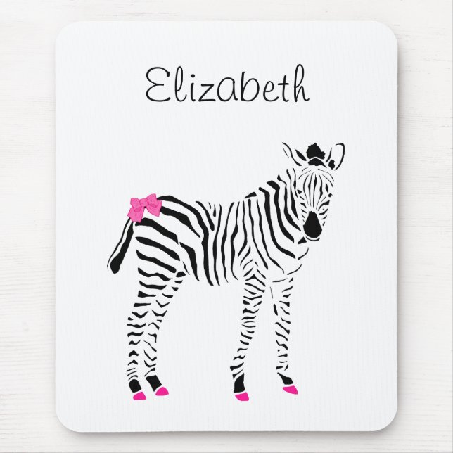 Cute Hot Pink and Black Girly Zebra With Name Mouse Pad (Front)