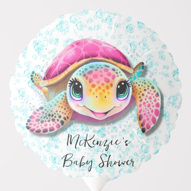 Cute Hot Pink and Teal Turtle Girl Baby Shower Balloon (Front)