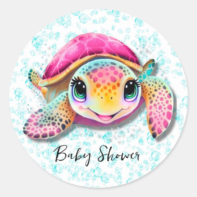 Cute Hot Pink and Teal Turtle Girl Baby Shower Classic Round Sticker (Front)