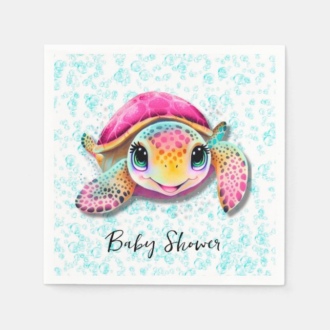 Cute Hot Pink and Teal Turtle Girl Baby Shower Napkins (Front)