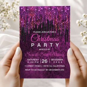 Cute hot Pink black Glitter Drips Christmas Invitation