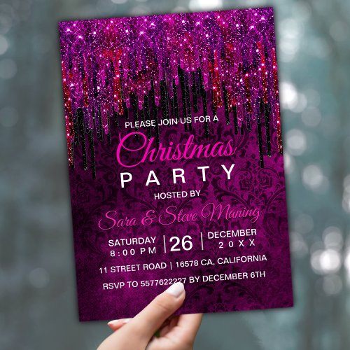 Cute hot Pink black Glitter Drips Christmas  Invitation