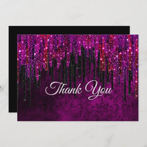 Cute hot Pink black Glitter Drips  Thank You Card