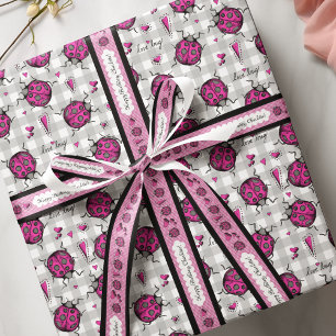 Cute Hot Pink & Black Ladybug Drawing Pattern Kids Wrapping Paper