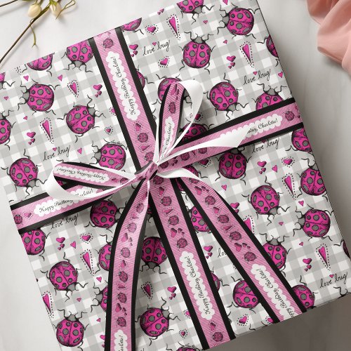 Cute Hot Pink  Black Ladybug Drawing Pattern Kids Wrapping Paper