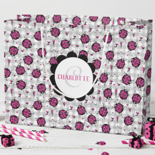 Cute Hot Pink & Black Ladybug Kids Large Gift Bag