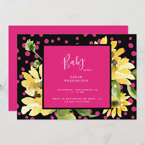 Cute Hot Pink  Black Sunflower Baby Shower Invitation