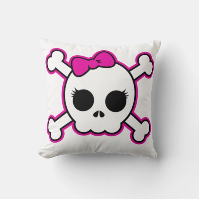 Cute Hot Pink Bow Skull Throw Pillow (Front)