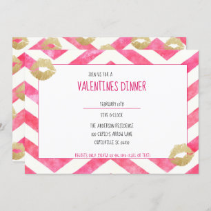 Cute Hot Pink Chevron Gold Lips Valentine Party Invitation