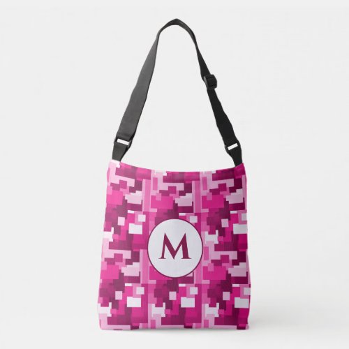 Cute Hot Pink Digital Camo Pattern with Monogram Crossbody Bag