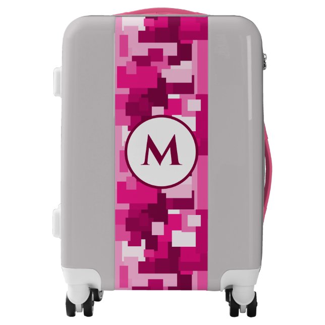 Cute Hot Pink Digital Camo Pattern with Monogram Luggage (Front)