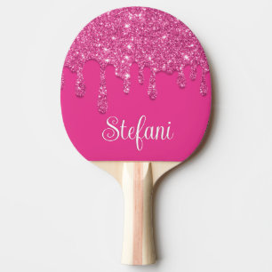 Cute Hot Pink Drips Glitter Monogram Ping Pong Paddle