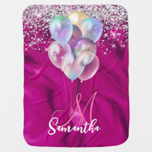 Cute hot pink faux silver glitter balloon monogram baby blanket