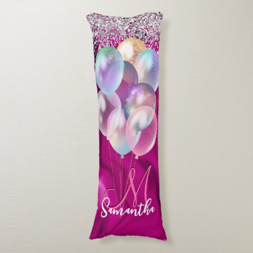 Cute hot pink faux silver glitter balloon monogram body pillow