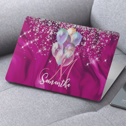 Cute hot pink faux silver glitter balloon monogram HP laptop skin