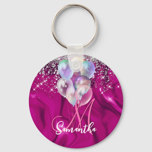 Cute hot pink faux silver glitter balloon monogram keychain (Front)