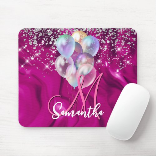Cute hot pink faux silver glitter balloon monogram mouse pad