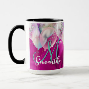 Cute hot pink faux silver glitter balloon monogram mug