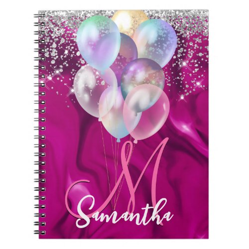 Cute hot pink faux silver glitter balloon monogram notebook