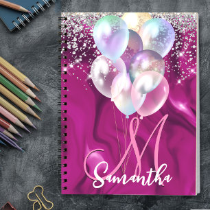 Cute hot pink faux silver glitter balloon monogram notebook