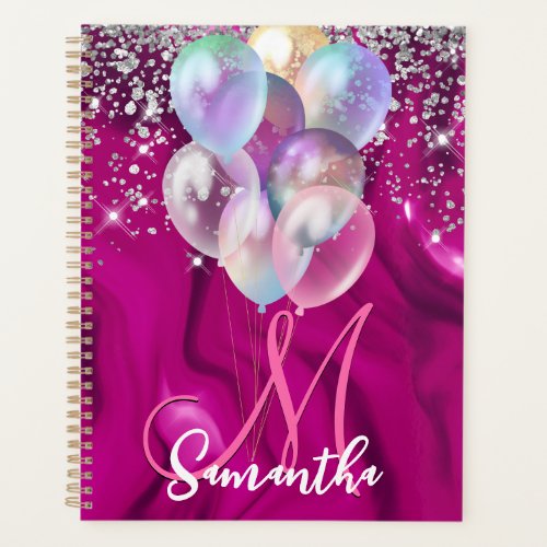 Cute hot pink faux silver glitter balloon monogram planner