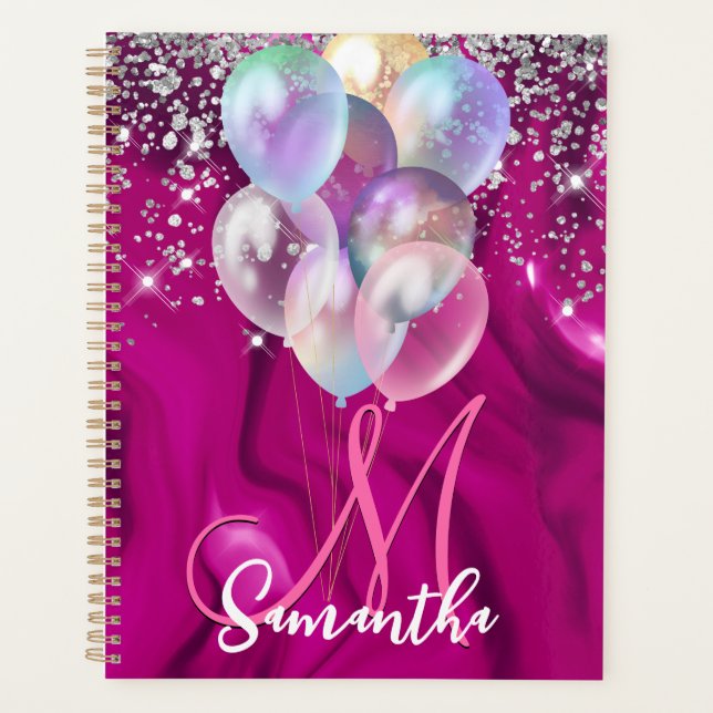 Cute hot pink faux silver glitter balloon monogram planner (Front)