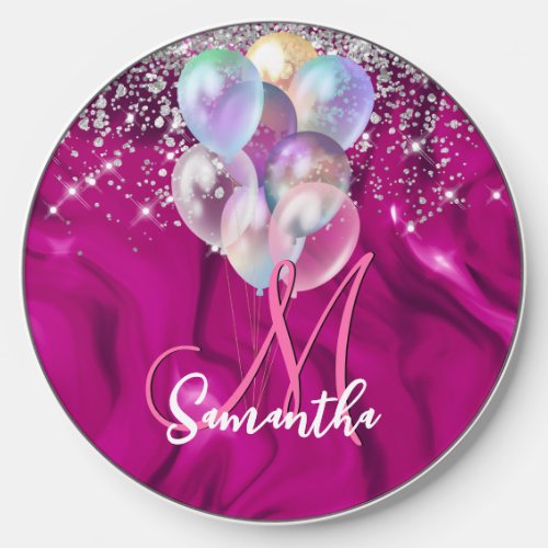 Cute hot pink faux silver glitter balloon monogram wireless charger 