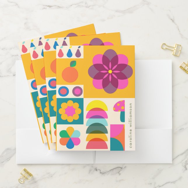 Cute Hot Pink Geometric Fruit Personalized Name Pocket Folder (In Situ)
