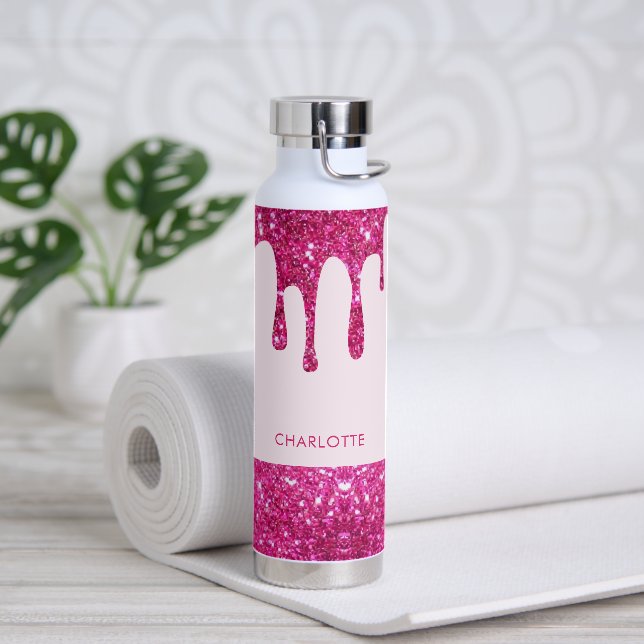 Cute hot pink glitter monogram  water bottle (Yoga)