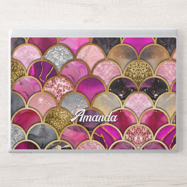 Cute hot pink gold mermaid scales girly HP laptop skin (Front)
