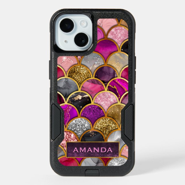 Cute hot pink gold mermaid scales girly  iPhone 15 case (Back)