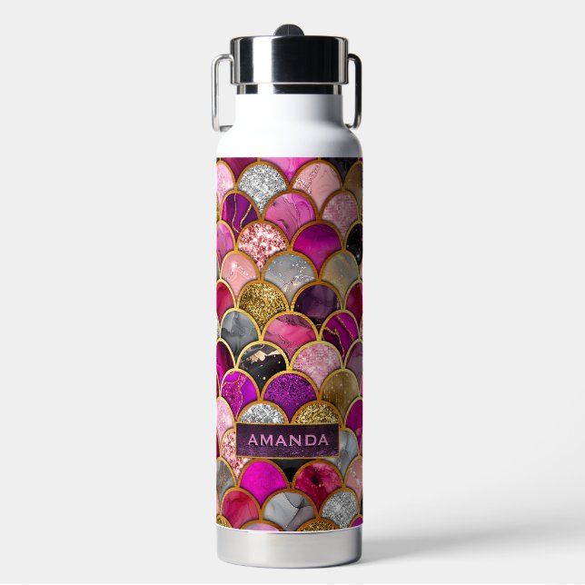 Cute hot pink gold mermaid scales girly  water bottle (Front)