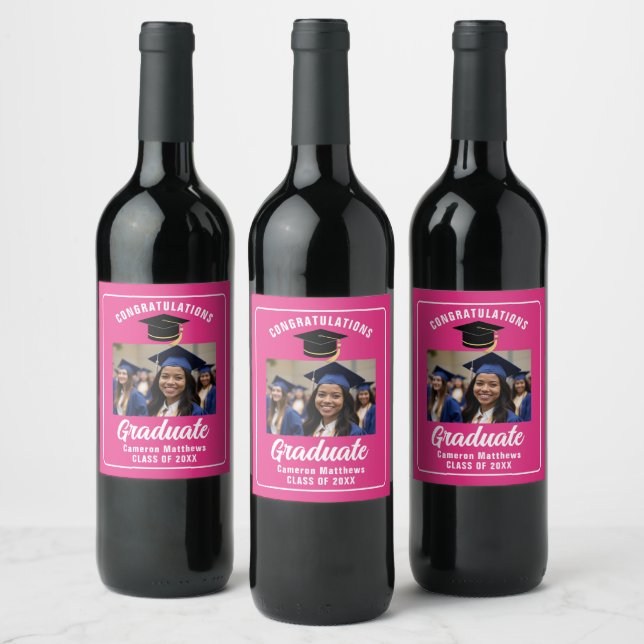 Cute Hot Pink Graduation Party Custom Photo Wine Label (Bottles)