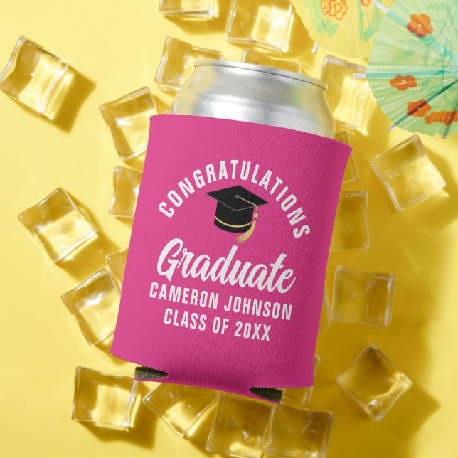 Cute Hot Pink Graduation Party Personalized Can Cooler (In Situ Summer)